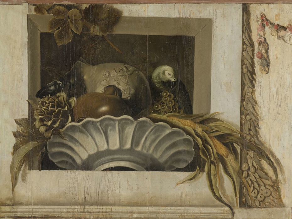 Still Life with a Bowl of Corn, Artichokes, Grapes and a Parrot