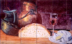Still life with bread, cheese, wine and copper