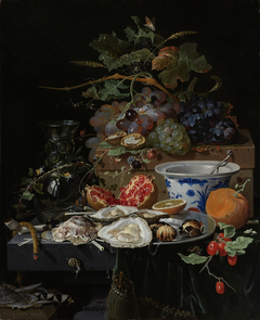 Still Life with Fruit, Oysters and a Porcelain Bowl by Abraham Mignon