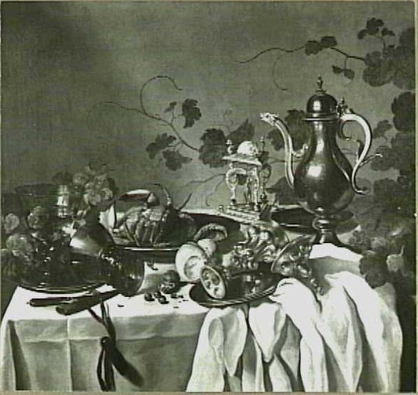 Still life with pitcher, salt cellar and other tableware