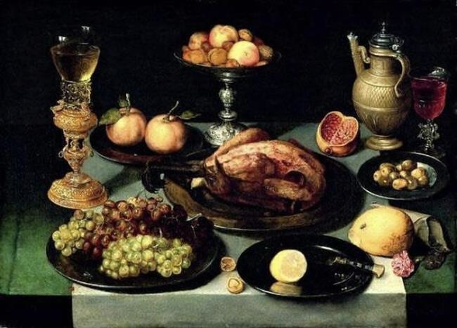 Still Life with Roast Chicken on a Laid Table with Grapes, a Bekerschroef, Tazza and Wine Flask