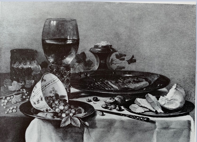 Still life with roemer, fish, and porcelain cup of strawberries