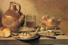 Still Life with Stone Jug, Kipper and smoker's requisites. by Pieter Claesz