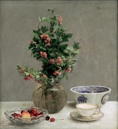 Still Life with Vase of Hawthorn, Bowl of Cherries, Japanese Bowl, and Cup and Saucer by Henri Fantin-Latour