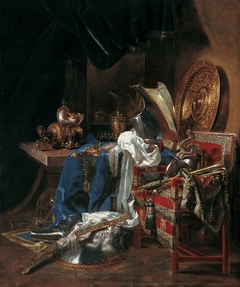 Still life with weaponry, nautilus cup, trumpet and silverware