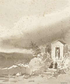 Twee knielende lieden op de trap voor een kapelletje in de bergen by Pierre-Luc-Charles Cicéri