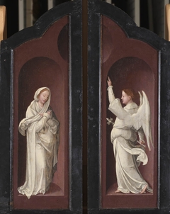 Twee retabelluiken met Presentatie in de tempel en Aanbidding van de herders (binnenzijde) en Annunciatie (buitenzijde) by Master of the Antwerp Adoration
