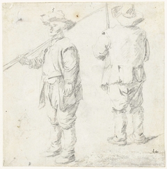 Twee schetsen van een staande man met een stok