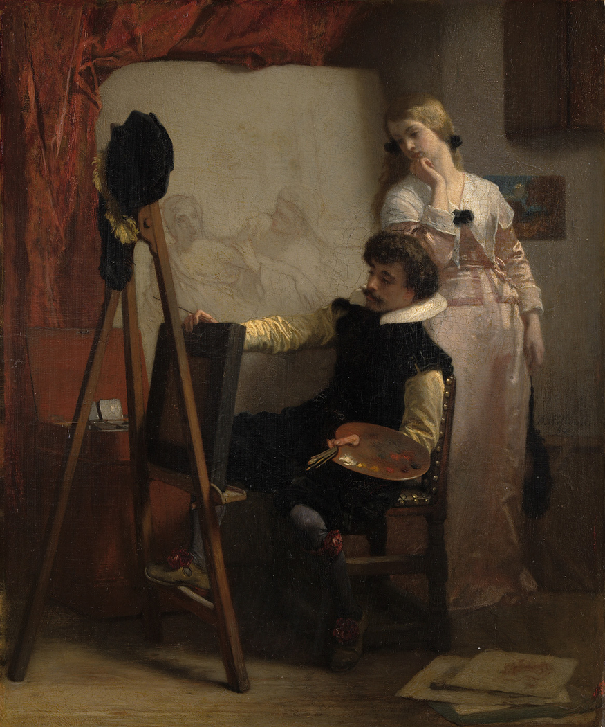 Een schilder voor zijn ezel toont een schilderij aan een meisje (A painter at his easel showing a painting to a girl)