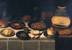 VERVALLEN Stilleven met brood, kaas, garnalen en krabben, Stilleven met schenkkan, garnalen en kazen, by Floris van Schooten