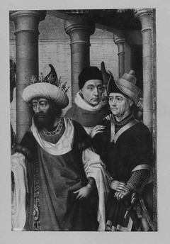 Vier Männer in einem Säulenhof, Fragment