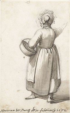 Vrouw met mand, naar rechts gebarend, van achteren by Harmen ter Borch