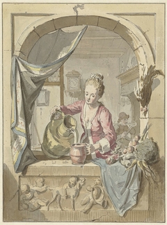 Vrouw schenkt melk uit een kan, in een venster by Willem Joseph Laquy