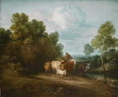 Wooded Rocky Landscape with Mounted Peasant, Drover and Cattle, and Distant Building by Thomas Gainsborough