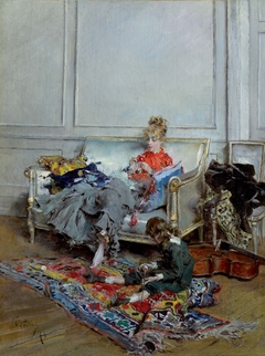 Young woman crocheting by Giovanni Boldini