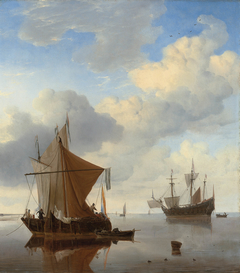 A Calm - Two Smalschips and a Warship at Anchor by Willem van de Velde the Younger