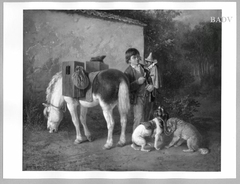 a comedian-boy with horse and monkey