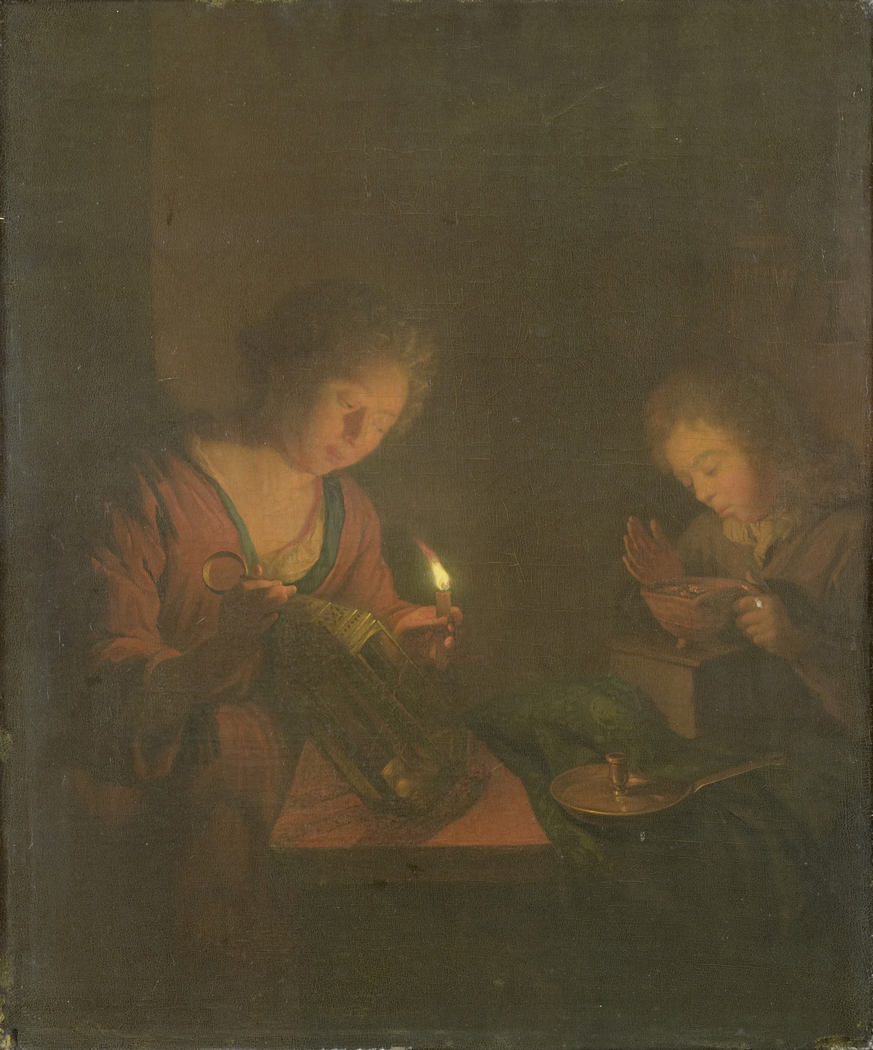 A girl putting a candle in a lantern and a boy testing the fire in a footwarmer