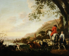 A Hilly River Landscape with a Horesman talking to a Shepherdess (after Cuyp) by Anonymous