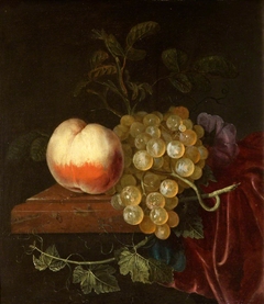 A Peach and Grapes on a Ledge by Jacob van Walscapelle