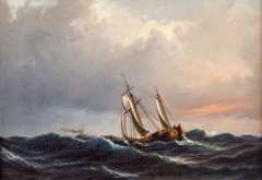 A ship in high seas at sunset by Anton Melbye