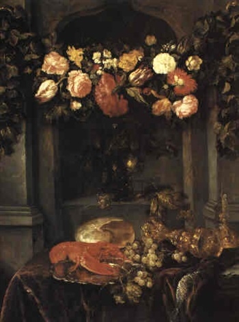A still life with a lobster, flowers, roemer and grapes on a draped table