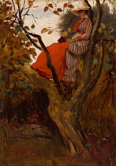 A woman seated in a tree