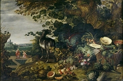 An Extensive Landscape with Exotic Flowers, Fruit and Vegetables, a Goat and a 'Noli me tangere' in the Garden beyond by Gommaert van der Gracht