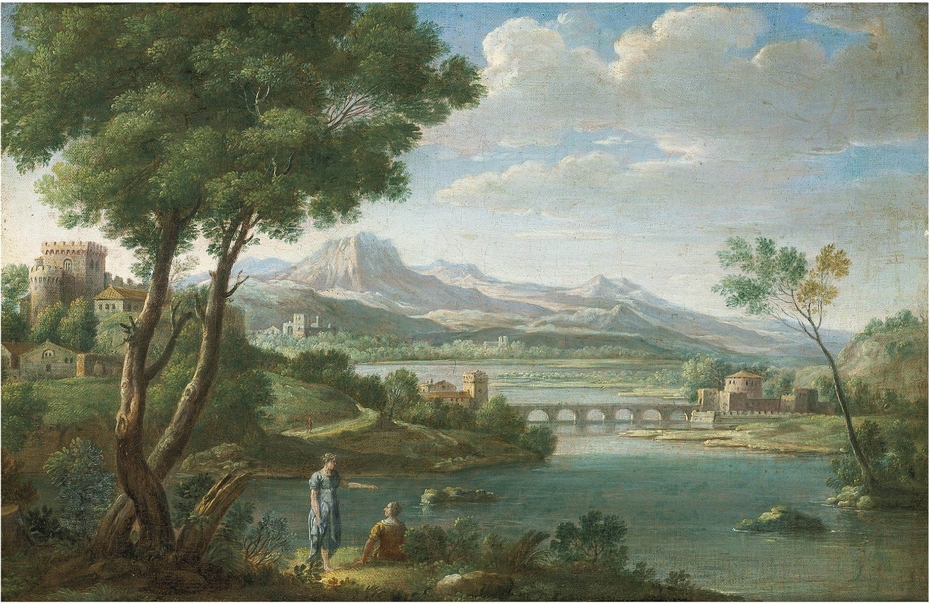 An Italianate landscape with figures resting, a fortress, bridge and mountains beyond