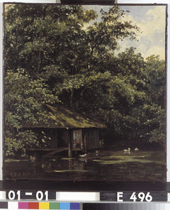 Bosgezicht met huisje aan de oever by Cornelis Johannes de Vogel