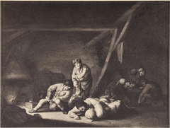 Carousing peasants in a barn by Adriaen van Ostade