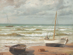 Coastal view with boats on the beach. by August Schiøtt
