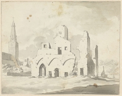 De ruïne van abdij van Rijnsburg met de kerk by Johannes Huibert Prins