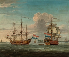 Double portrait of merchant frigate 'El San Juan' on the IJ near the toll house by Pieter Blaauw