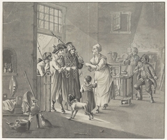 Drie Franse soldaten komen met een biljet van inkwartiering bij een Hollandse familie, 1795 by Johan Daniël de Gijselaar