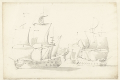 Drie in gevecht gewikkelde schepen by Willem van de Velde II