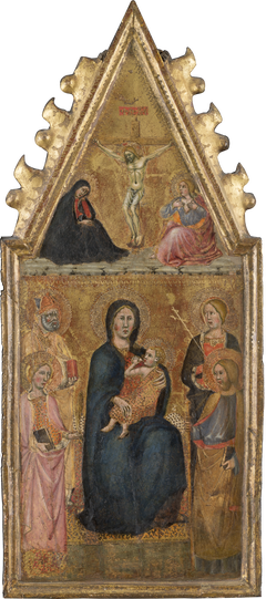 Enthroned Madonna with Child and four saints, above the Crucifixion with Mary and John Ev. by Cristoforo di Bindoccio