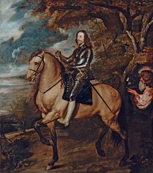 Equestrian portrait of King Charles I, full-length, in armour on a dun horse, a baton in his right hand, wearing the Order of the Garter, followed by an equerry carrying his helmet