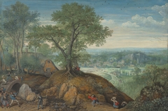 Extensive landscape with plundering soldiers by Lucas van Valckenborch