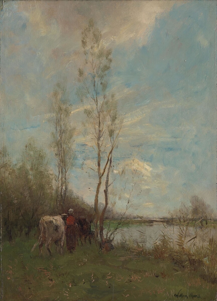 Farmer's Wife with Cattle near a Small River (Summer Day)