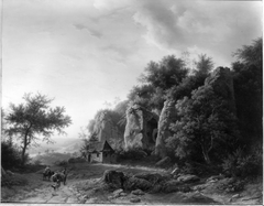 Felsenlandschaft mit Stolleneingang und Kapelle by Barend Cornelis Koekkoek