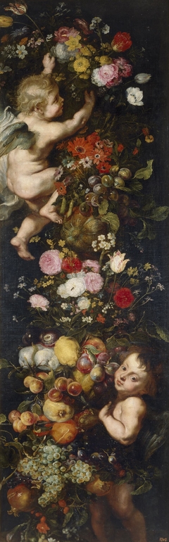 Festón de flores y frutas y angelotes