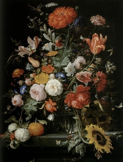 Flower still life with orange, hourglass and skull