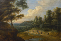Forest landscape with shepherds by Lucas van Uden