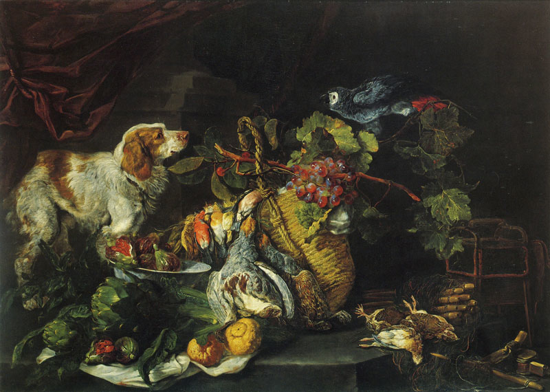Game Birds and Fruit with a Dog and Parrot