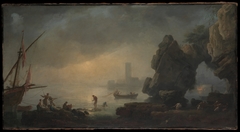 Harbor Scene with a Grotto and Fishermen Hauling in Nets