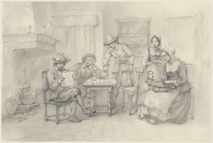 Historisch interieur met figuren rond een tafel by Willem Pieter Hoevenaar