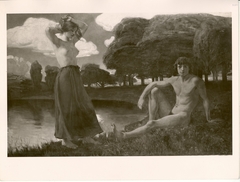"Idyll", männlicher Akt und weiblicher Halbakt in einer Landschaft