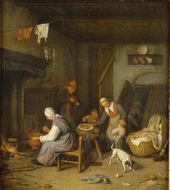 Interieur met pannenkoekbakkende vrouw by Cornelis Dusart