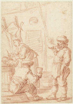 Interieur van een slagerij met een vrouwelijke en twee mannelijke figuren by Pieter van den Bos
